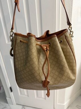 Celine Beige Monogram Drawstring Shoulder Bag with Brown Trim